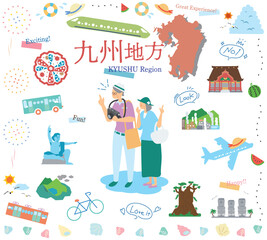 Fototapeta na wymiar 日本の九州地方の夏の名物観光を楽しむシニア夫婦、アイコンのセット（フラット）