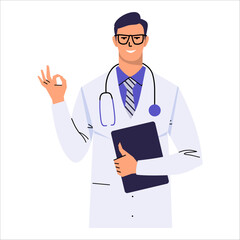 Portrait of a doctor in glasses gesturing OK. A man with a stethoscope and a clipboard shows that everything is cool and wonderful. Medical worker in white coat isolated. Flat vector.