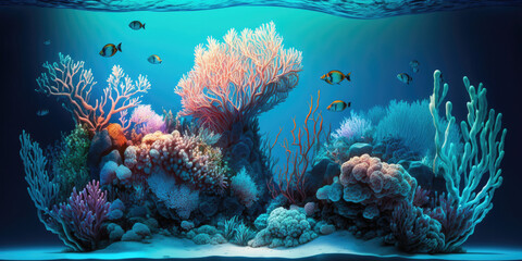 Fototapeta na wymiar Underwater coral reef, sea coral lagoon, and ocean ecology, generative AI