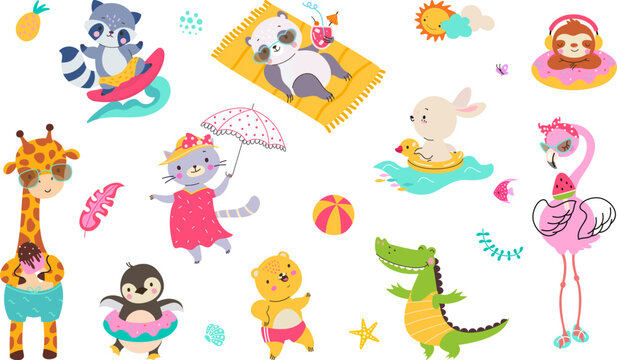 Cute summer animals, raccoon surfer and sloth panda resting beach. Traveling fun activities, happy giraffe flaming eating ice cream, nowaday recent animal characters