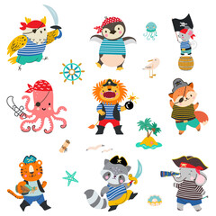 Fototapeta na wymiar Animal pirates, brave sea pirate lion, raccoon and fox. Cartoon animals wear ocean robber and ship captain costumes, funny nowaday childish vector characters