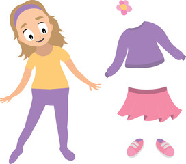 Dress up girl, game for children. Cute cartoon kid in casual clothes for spring or autumn season. Worksheet for kids, magazine.