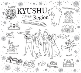 日本の九州地方の冬の名物観光を楽しむ観光客、アイコンのセット（線画白黒）