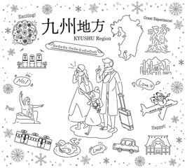 日本の九州地方の冬の名物観光を楽しむ三人家族、アイコンのセット（線画白黒）