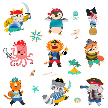 Animal pirates, brave sea pirate lion, raccoon and fox. Cartoon animals wear ocean robber and ship captain costumes, funny nowaday childish vector characters