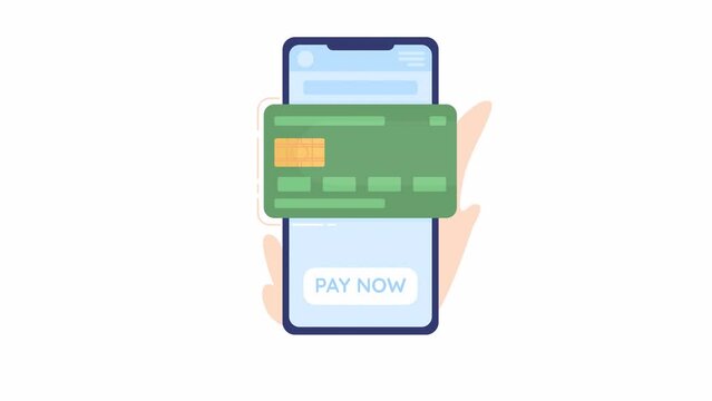 Animated pay with credit card online. Contactless payment. Purchasing digitally. 2D cartoon flat object 4K video footage on white with alpha channel transparency. Concept animation for web design
