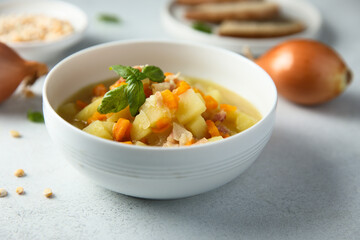 Homemade pea soup with smoked pork