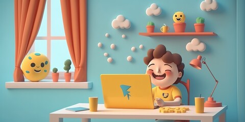 cartoon image of the Boy at the computer, in pastel colors, generative AI