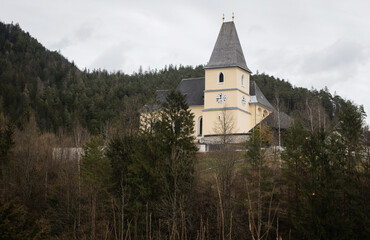 Catholic church on top of hill at Hollenstein an der Ybbs, Austria