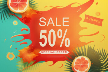 Summer Sale banner 50% off hot season grand sale discount poster banner background. Generative ai.