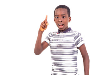 young boy speaking with raised finger up there.