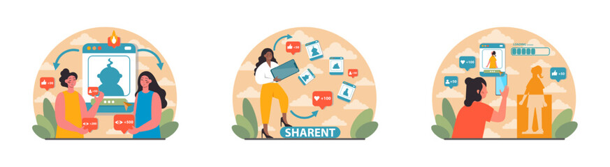 Sharent set. Parents frequently sharing their child personal data - obrazy, fototapety, plakaty