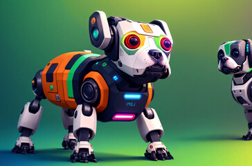 Robot dog. Cute robot doggie in bright colors. Concept of modern world, toy animal. Generative AI.