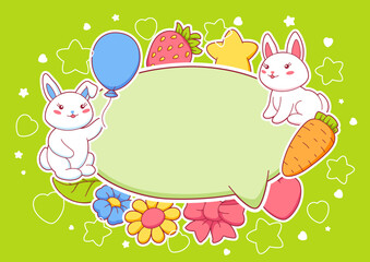 Speech bubble with cute kawaii little bunnies. Funny characters and decorations in cartoon style.