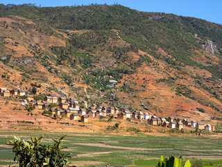 Fototapeta na wymiar Small villages with typical brick houses in the surrounding valley. Ranomafana, Madagascar
