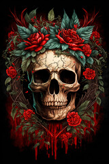 A human skull with a crown surrounded by red flowers on a black background. Generative ai