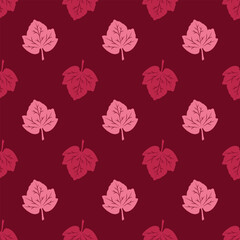Seamless pattern from pink leaves on a burgundy background. Autumn leaf fall. Vector illustrations are great for creative designs, decorating banners, postcards, prints, textiles, fabrics, crafts.