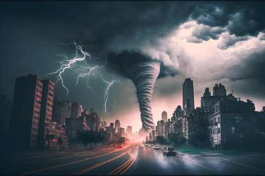 Tornado and lightning with hail in a big city in the middle of the street. Generative AI