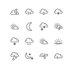 Set of weather related icons, wind, blizzard, sun, rain, clouds and linear variety symbols.
