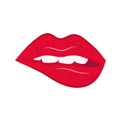 Fototapeta premium Lips. The girl bites her red lips with white teeth.