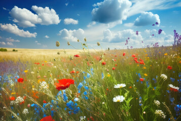 Fototapeta na wymiar Colorful natural flower meadows landscape with blue sky in summer and spring. Generative ai