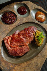 steak with different sauces, top view