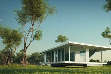 Fototapeta na wymiar House electric system diagram. Green eco friendly house concept with solar energy panel. Solar cell system diagram. 3d animation. Generative AI