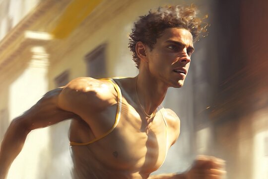 Athletic Man Running Down a Street with Buildings in the Background, Created by Generative AI