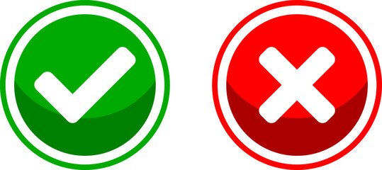 Yes and No or Right and Wrong or Approved and Declined Icons with Check Mark and X Signs with 3D Shadow Effect in Green and Red Circles. Vector Image.