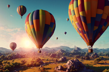 Obraz premium Big balloons in sky. Bright multicolored airships in sky above nature. Travel concept, Generative AI