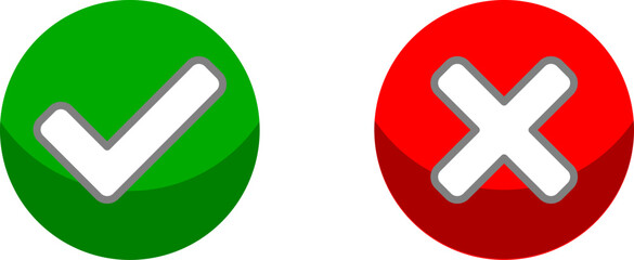 Obraz premium Yes and No or Right and Wrong or Approved and Declined Icons with Check Mark and X Signs with 3D Shadow Effect in Green and Red Circles. Vector Image.
