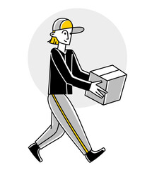 Young man currier carrying box package vector outline illustration.