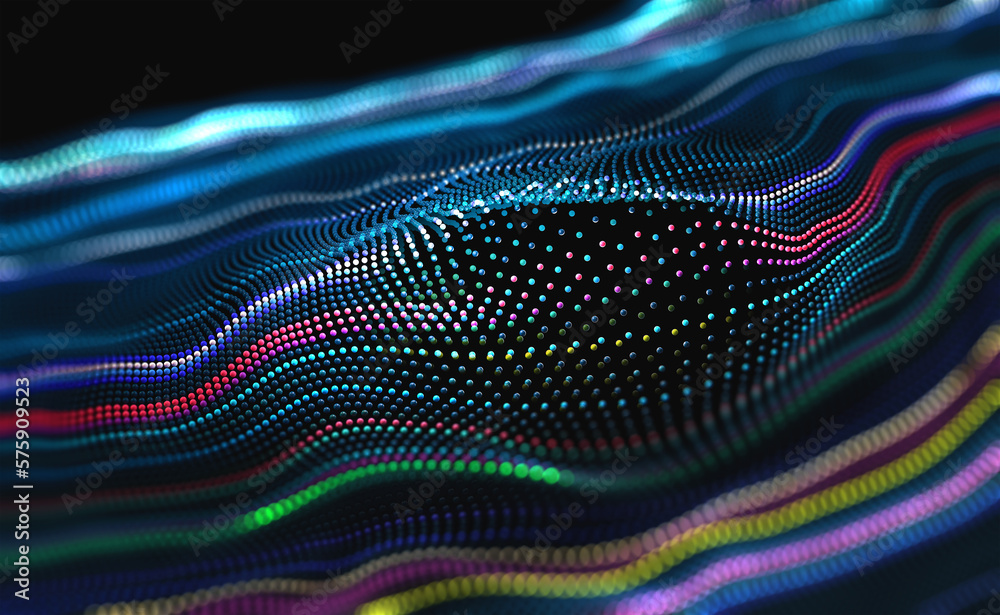 Poster Data particles in the information flow of neon strings. 3D illustration of digital sound vibrations