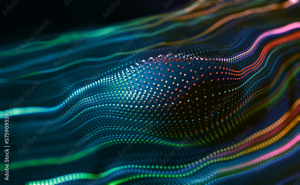 Poster Data particles in the information flow of neon strings. 3D illustration of digital sound vibrations