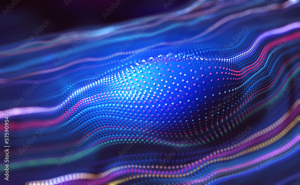 Poster Data particles in the information flow of neon strings. 3D illustration of digital sound vibrations