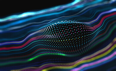 Data particles in the information flow of neon strings. 3D illustration of digital sound vibrations