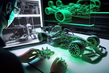 Peel and stick wall murals F1 An engineer designing a f1 car using augmented reality and viewing the car as a projection or hologram in high-tech laboratory. Concept: The future of designing and engineering. Generative ai.