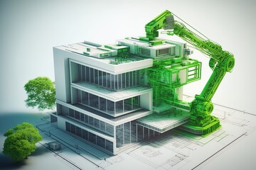 A robotic arm with a 3d printer in the construction of a futuristic building. Concept: 3d printed building, the future of the construction. Generative ai