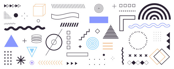 Geometric shapes and memphis design, retro elements, vintage, advertisement, commercial banner, poster, billboard, sale, halftone geometric shapes flat illustration.	
