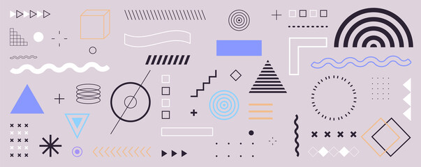 Geometric shapes and memphis design, retro elements, vintage, advertisement, commercial banner, poster, billboard, sale, halftone geometric shapes flat illustration.	
