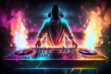 DJ silhouette mixing on a disco on fire of different colors. Generative ai.	