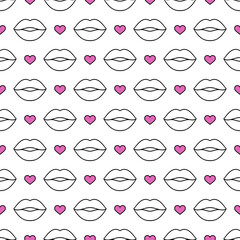 Fashion seamless vector pattern. Pink hearts and lips elements with black outlines on the white background. Creative background for modern designs, prints, textiles, fabrics, wallpapers, wrappings.
