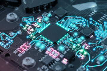 Ai Technology background. Motherboard digital chip integrated communication processor. Circuit...