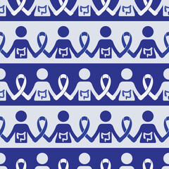 Seamless pattern with colon icon highlighted and ribbon for colorectal cancer awareness month. CMYK color mode ready to print.