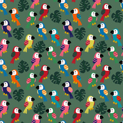 Obraz premium Seamless parrot pattern, Tropical birds repeat background, Exotic fauna and flora wallpaper, Bright summer print, Monstera leaf and parrot design