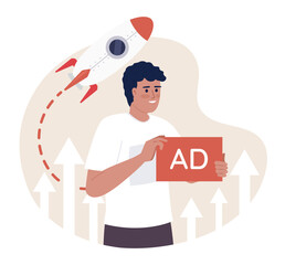 Startup advertising campaign flat concept vector spot illustration. Editable 2D cartoon character on white for web design. Creative idea for website, mobile, magazine. Quicksand Semibold font used