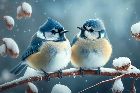 Two Little blue titmouse birds on branch covered with snow. Generative AI	