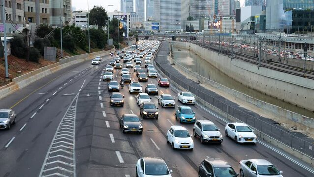 Evening rush hour commute into the city on the highway. Traffic jam on Tel Aviv Ayalon road