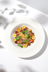 Traditional french salad nicoise with tuna, potatoes, eggs and vegetables on white table with harsh shadows. Tuna salad with quail eggs on white background with shadows of leaves.