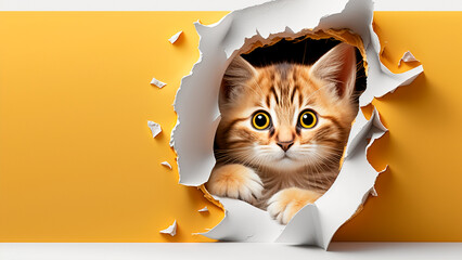 Portrait of cute cat breaking through hole in yellow paper background, panorama with free space, banner